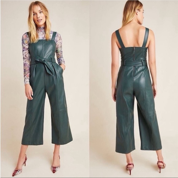 Anthropologie Pants - By Anthropologie Samira Dark Green Faux Vegan Leather Jumpsuit